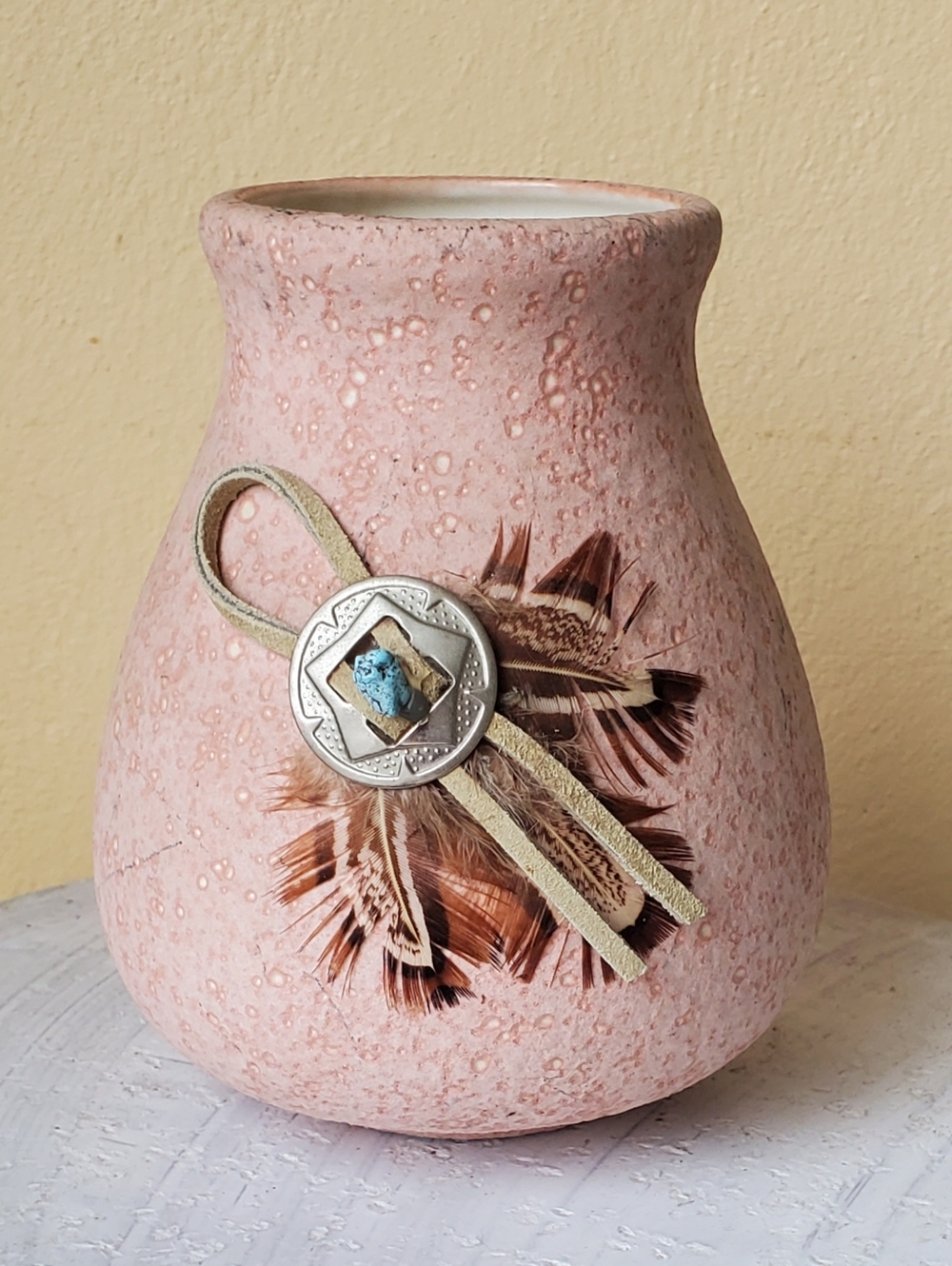 Southwest Pink Sand Vase Native American Indian Feather Turquoise Leather Cord